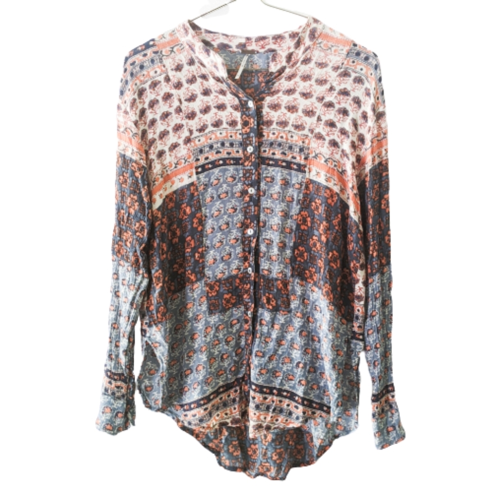 Free People Boho Gauze Floral Patchwork Top Small